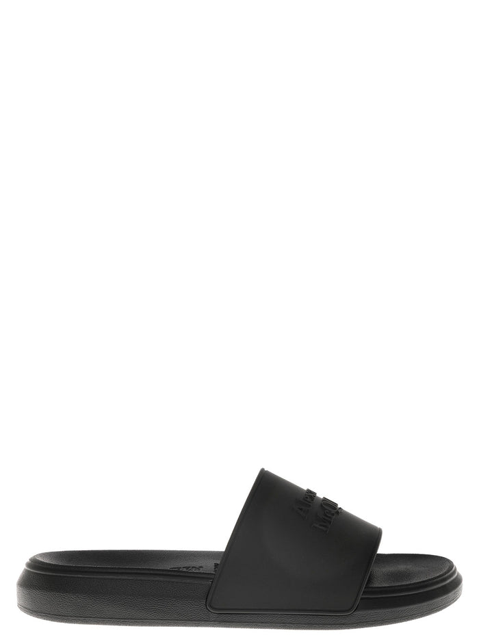 Black Rubber Slide Sandals With Logo Flat Shoes