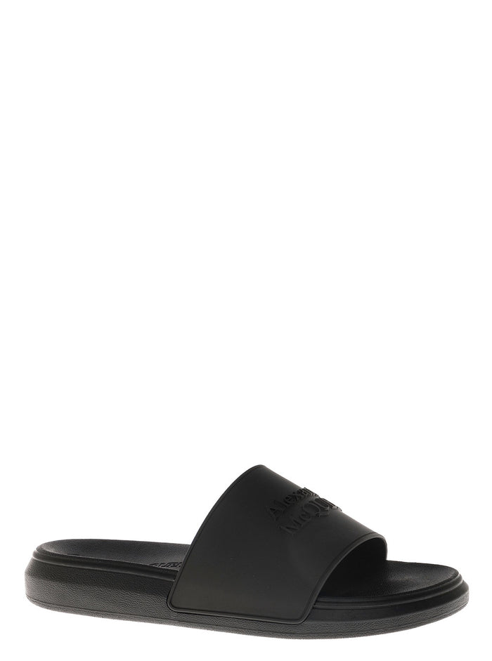 Black Rubber Slide Sandals With Logo Flat Shoes