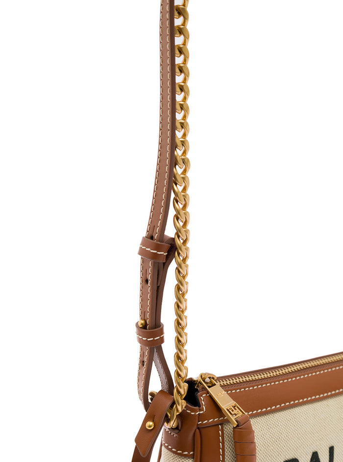 B-Army Brown Clutch Bag With Shoulder Strap And Logo Canvas Amd Leather Woman Balmain Beige Cotton Linen Crossbody