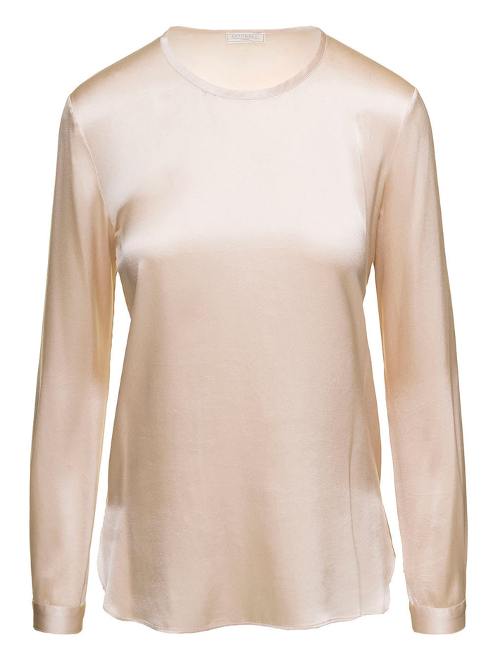 Ansaldo Beige Crewneck Relaxed Blouse Silk Woman Antonelli Lyno Shirts And Blouses