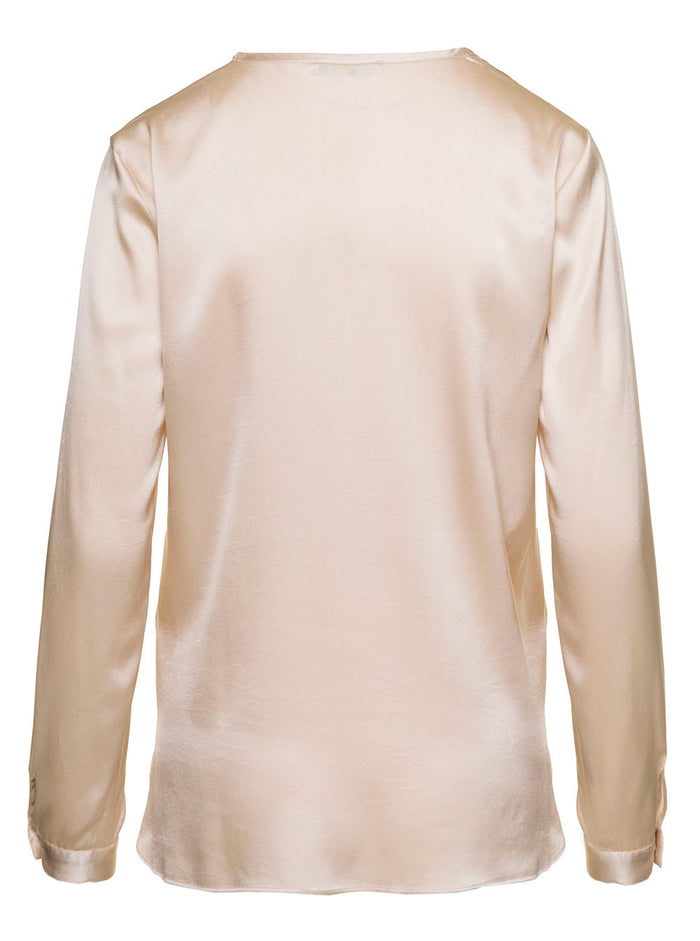 Ansaldo Beige Crewneck Relaxed Blouse Silk Woman Antonelli Lyno Shirts And Blouses