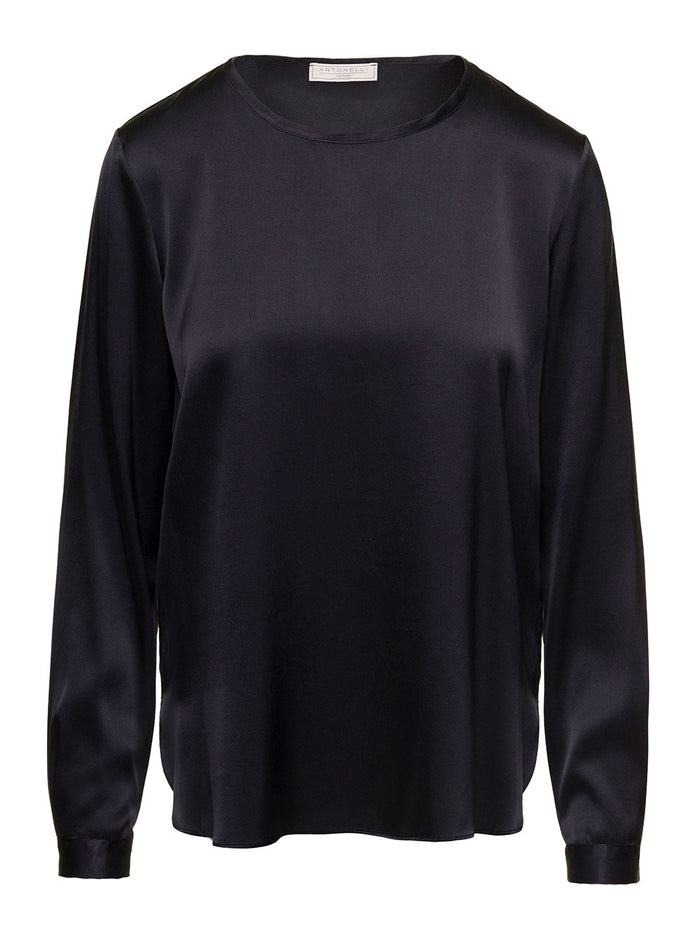 Ansaldo Black Crewneck Relaxed Blouse Silk Woman Antonelli Lyno Shirts And Blouses