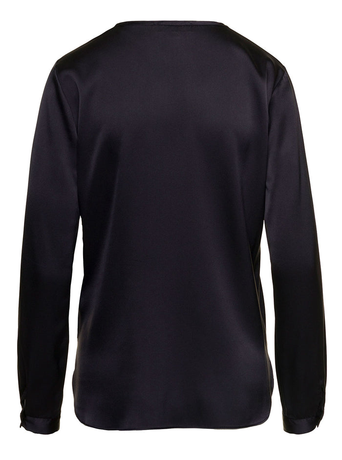 Ansaldo Black Crewneck Relaxed Blouse Silk Woman Antonelli Lyno Shirts And Blouses