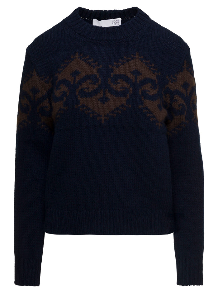 Blue Contrasting Intarsia Knit Sweater Wool Woman Douuod Blu Jersey