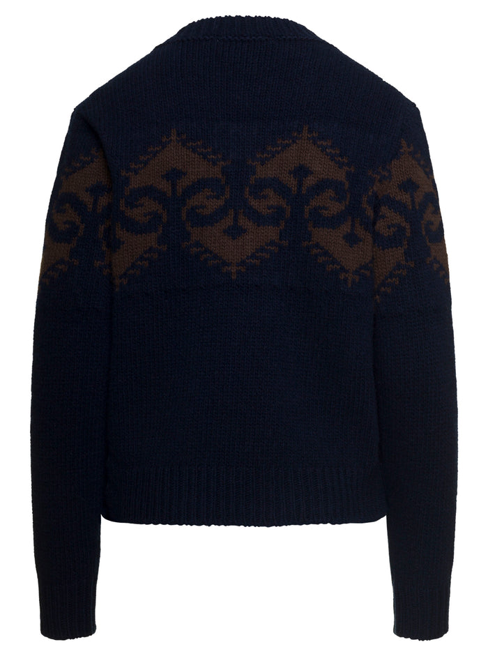 Blue Contrasting Intarsia Knit Sweater Wool Woman Douuod Blu Jersey