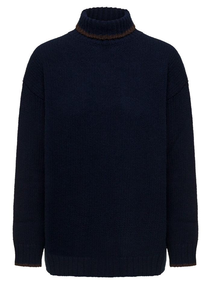 Ramira Blue High-Collar Sweater With Contrasting Trim Wool Woman Douuod Blu Jersey