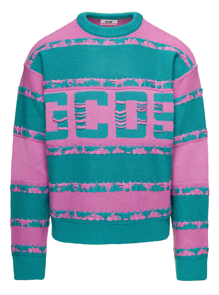 Green And Pink Striped Logo Crewneck Sweater With Inside Out Jacquard Wool Blend Man Gcds Wv Pc Jersey