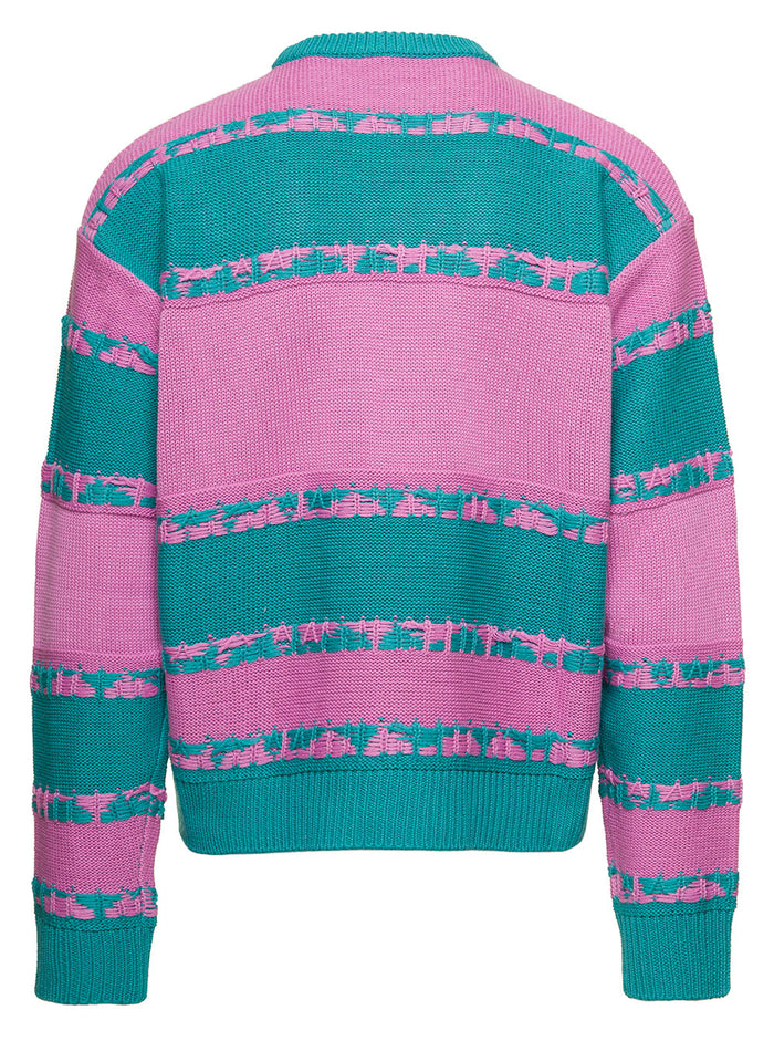 Green And Pink Striped Logo Crewneck Sweater With Inside Out Jacquard Wool Blend Man Gcds Wv Pc Jersey
