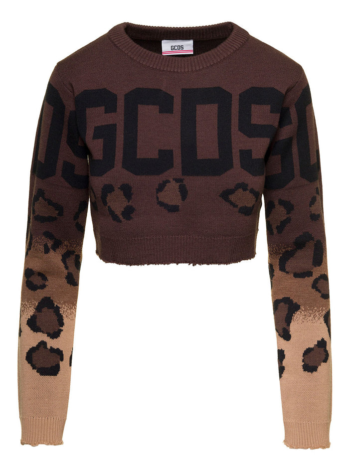 Brown Intarsia Leopard Knit Crop Sweater With Rips Wool Blend Woman Gcds Wv Pc Jersey