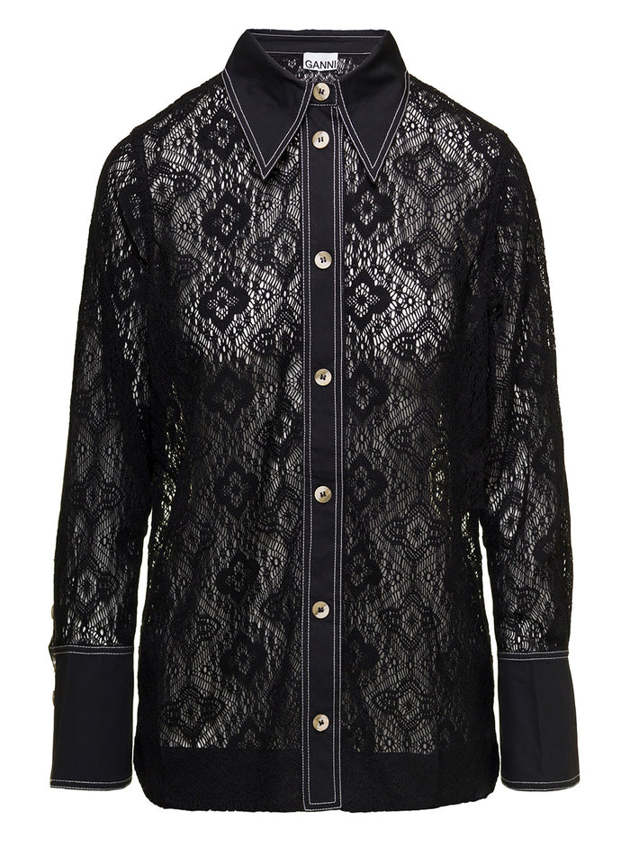 Black Lace Shirt With Trumpet Sleeves Recycled Polyester Woman Ganni And Blouses