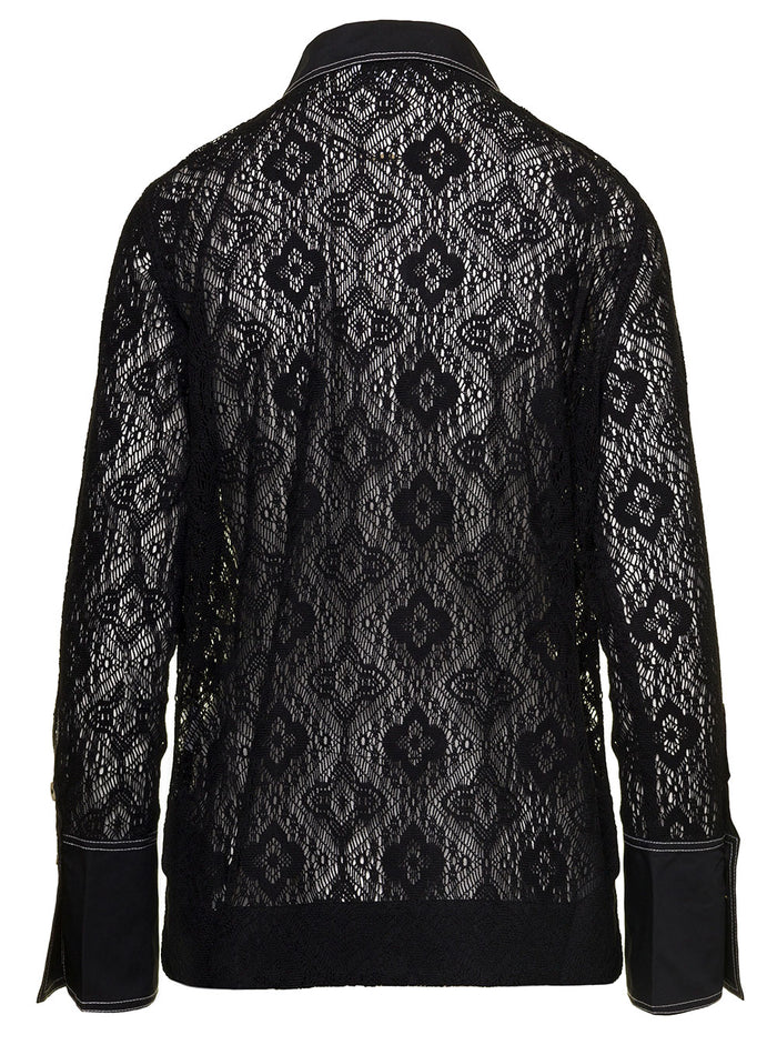 Black Lace Shirt With Trumpet Sleeves Recycled Polyester Woman Ganni And Blouses