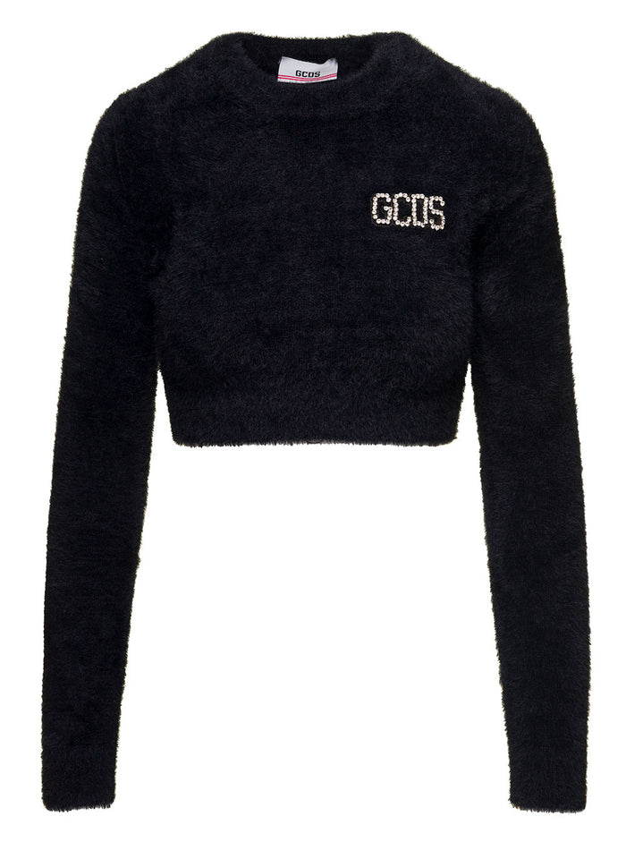 Black Gauzed Mohair Effect Crop Top With Embellished Logo Patch Woman Gcds Jersey