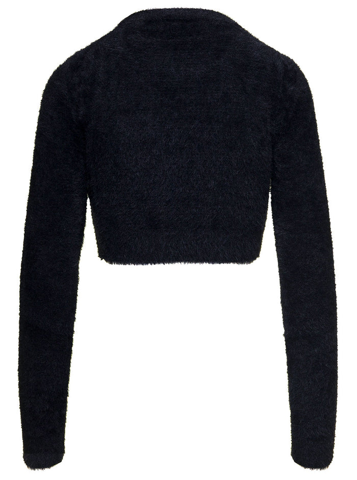 Black Gauzed Mohair Effect Crop Top With Embellished Logo Patch Woman Gcds Jersey