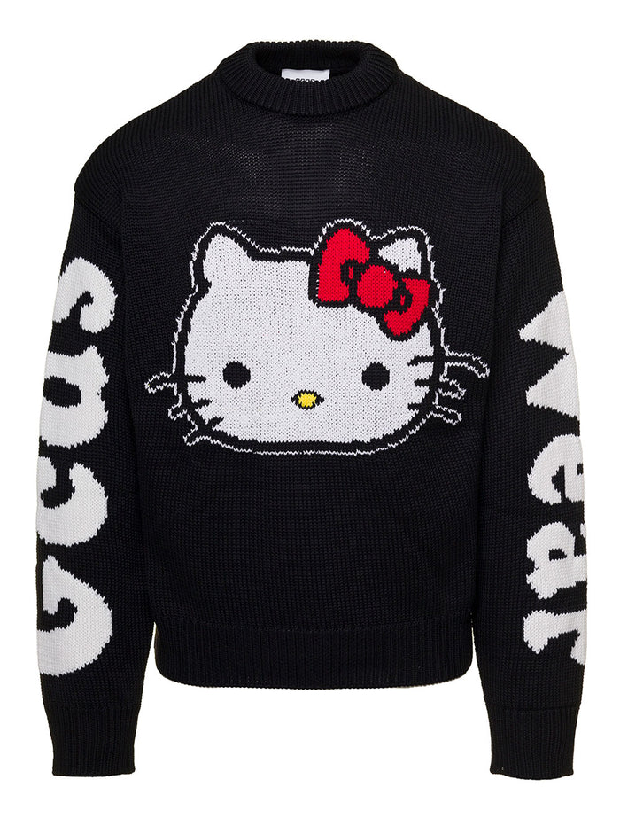 Black Knit Sweater With Inlaide Hello Kitty Artwork Wool Blend Man Gcds Co Pa Wv Pc Jersey