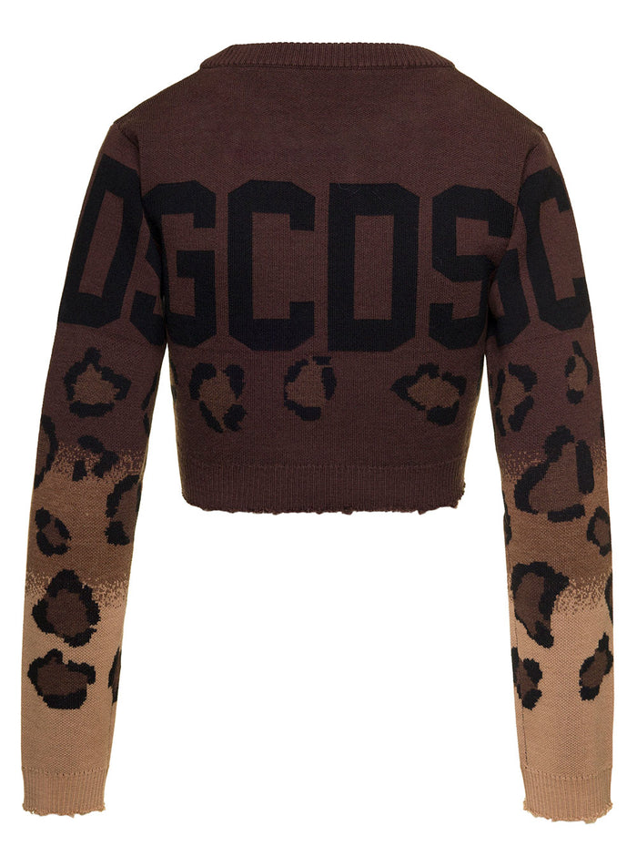 Brown Intarsia Leopard Knit Crop Sweater With Rips Wool Blend Woman Gcds Wv Pc Jersey