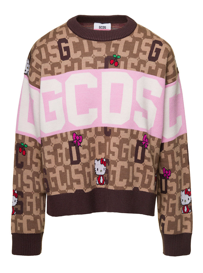 Multicolor Sweater With All-Over Hello Kitty Jacquard Detail And Logo Band Woman Gcds Brown Pc Wv Co Jersey
