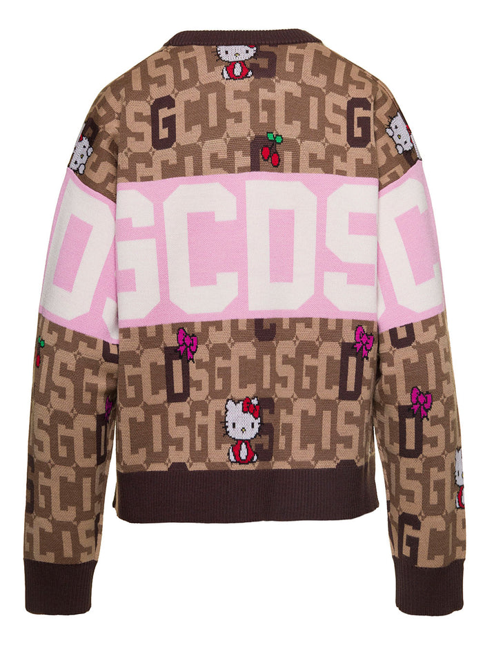 Multicolor Sweater With All-Over Hello Kitty Jacquard Detail And Logo Band Woman Gcds Brown Pc Wv Co Jersey