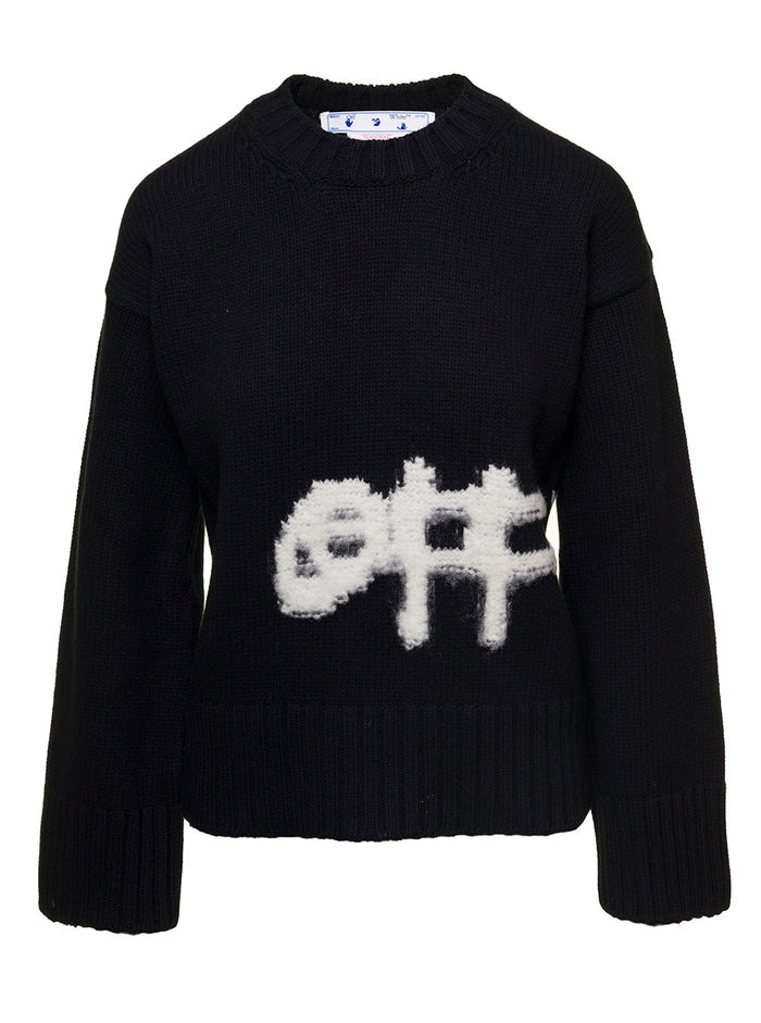 Black Intarsia Logo Knit Sweater Wool Blend Woman Off-White Nylon Jersey