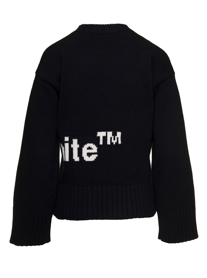 Black Intarsia Logo Knit Sweater Wool Blend Woman Off-White Nylon Jersey