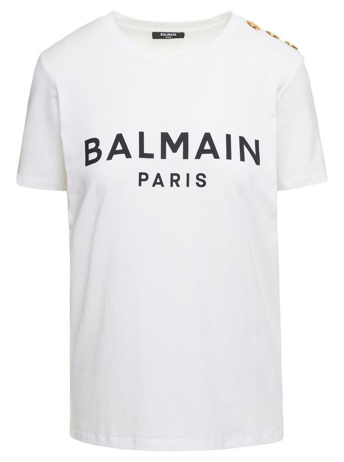 White T-Shirt With Contrasting Lettering And Buttons Detail Cotton Woman Balmain Tshirts Polo Shirts