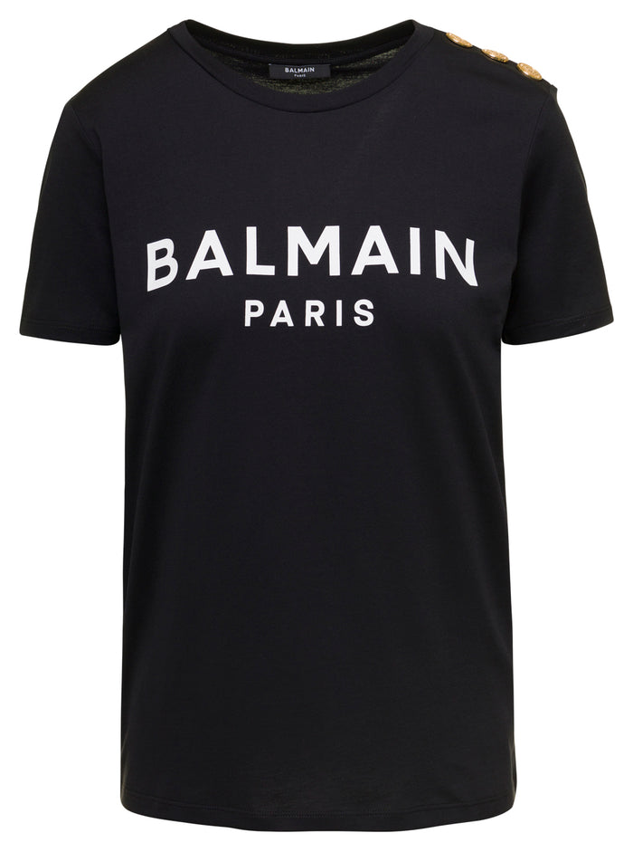 Black T-Shirt With Contrasting Lettering And Buttons Detail Cotton Woman Balmain Tshirts Polo Shirts