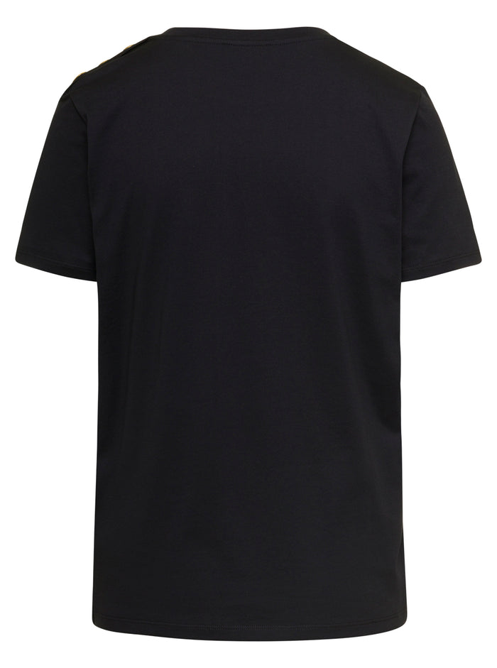 Black T-Shirt With Contrasting Lettering And Buttons Detail Cotton Woman Balmain Tshirts Polo Shirts