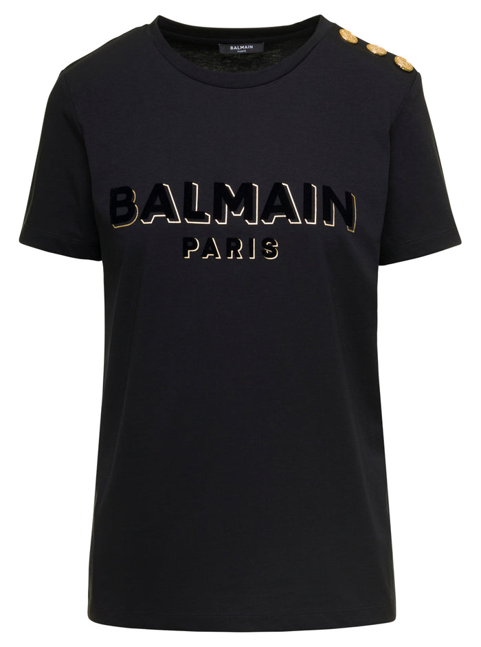 Black T-Shirt With 3d Effect Lettering And Buttons Detail Cotton Woman Balmain Tshirts Polo Shirts