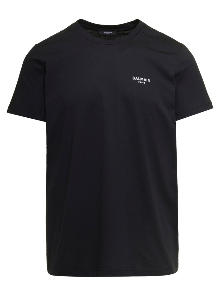 Black Crewneck T-Shirt With Contrasting Logo Print Cotton Man Balmain Organic Tshirts And Polo Shirts