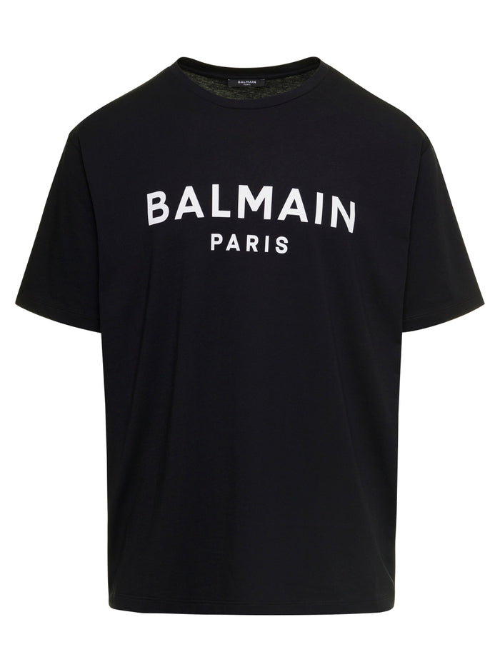 Black Crewneck T-Shirt With Contrasting Logo Print Cotton Man Balmain Organic Tshirts And Polo Shirts