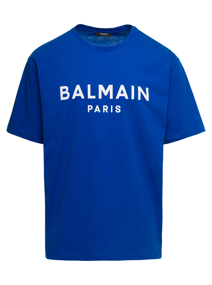 Blue Crewneck T-Shirt With Contrasting Logo Print Cotton Man Balmain Blu Organic Tshirts And Polo Shirts