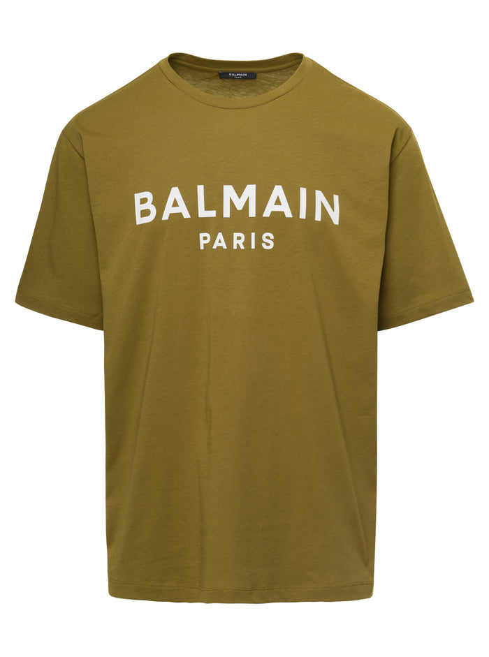Brown Crewneck T-Shirt With Contrasting Logo Print Cotton Man Balmain Organic Tshirts And Polo Shirts