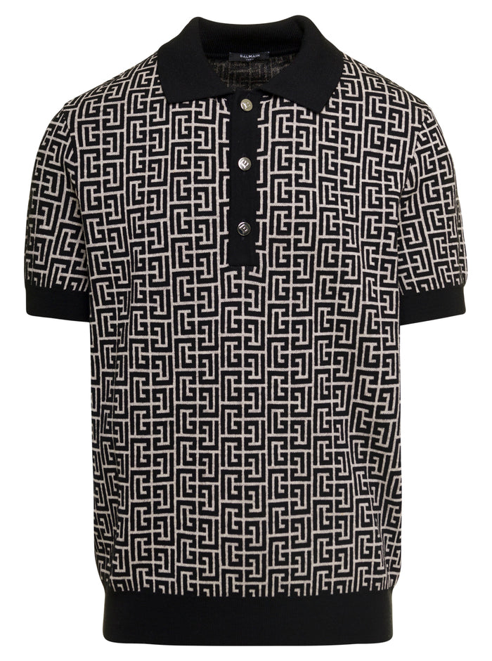 Black Pb Monogram Jacquard Polo Shirt Wool And Linen Man Balmain Polyamide Tshirts