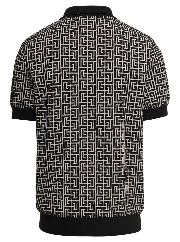 Black Pb Monogram Jacquard Polo Shirt Wool And Linen Man Balmain Polyamide Tshirts