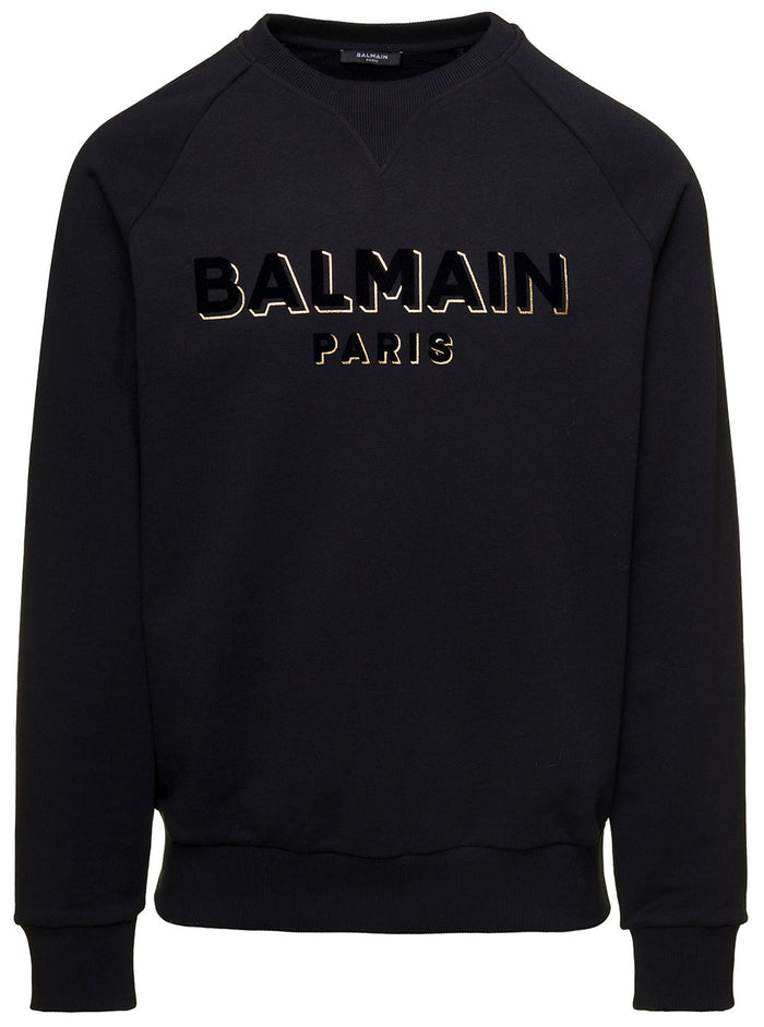 Black Sweatshirt With Flocked Logo Cotton Man Balmain Sweatshirts