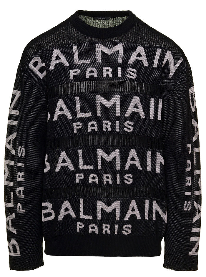 Black Knit Jumper With All-Over Logo Cotton Blend Man Balmain Polyamide Jersey