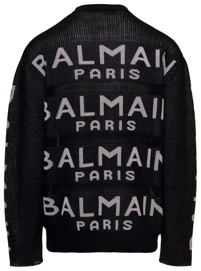 Black Knit Jumper With All-Over Logo Cotton Blend Man Balmain Polyamide Jersey
