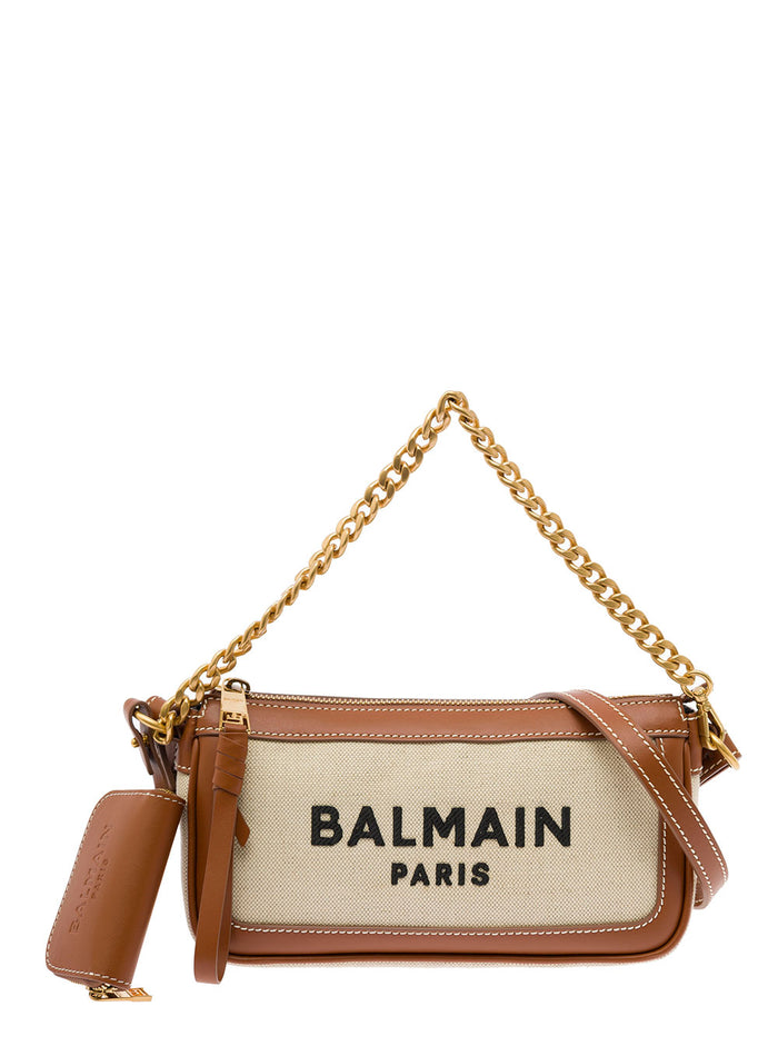 B-Army Brown Clutch Bag With Shoulder Strap And Logo Canvas Amd Leather Woman Balmain Beige Cotton Linen Crossbody