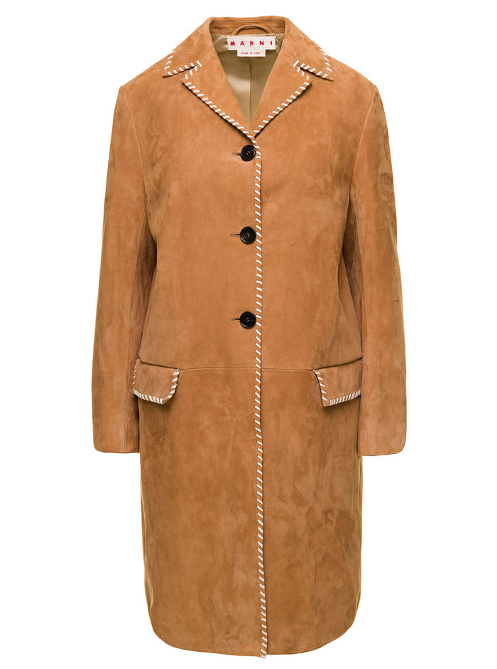 Brown Single-Breasted Coat With Contrasting Blanket Stitch Suede Woman Marni Beige Lamb Leather
