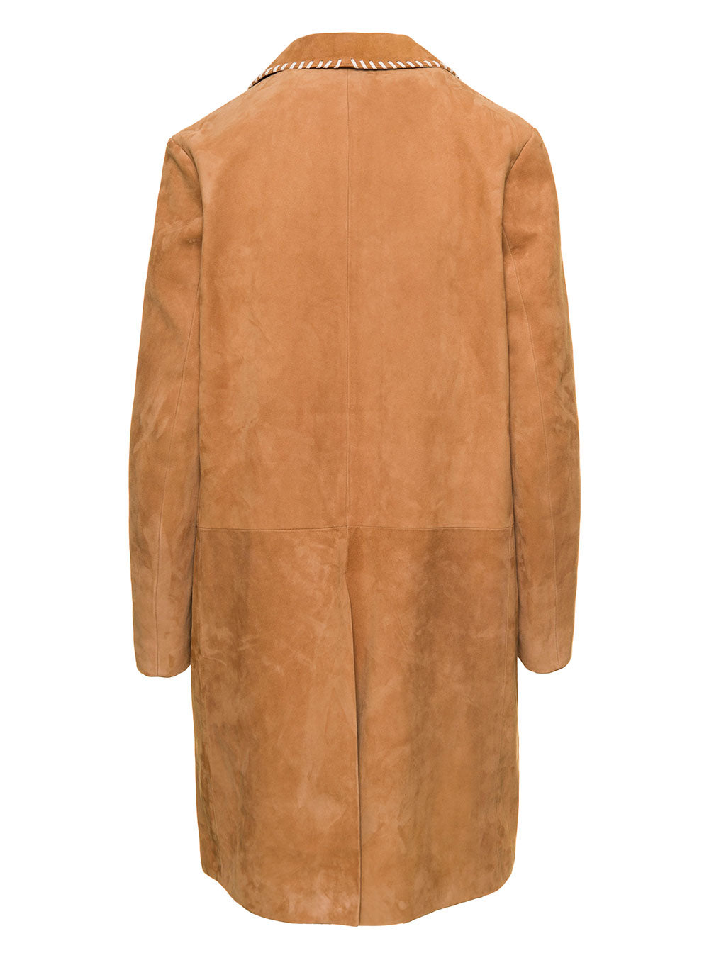 Brown Single-Breasted Coat With Contrasting Blanket Stitch Suede Woman Marni Beige Lamb Leather