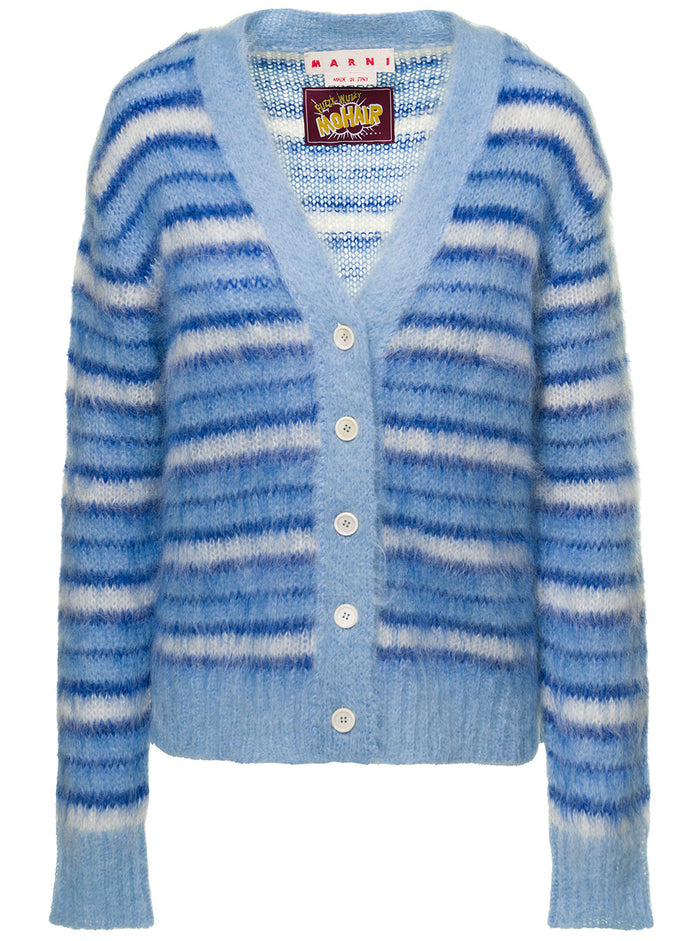 Light Blue Striped Cardigan Brushed Mohair Woman Marni Blu Jersey