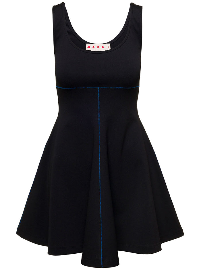 Mini Black Flared Dress With Contrasting Stitching Stretch Fabbric Woman Marni