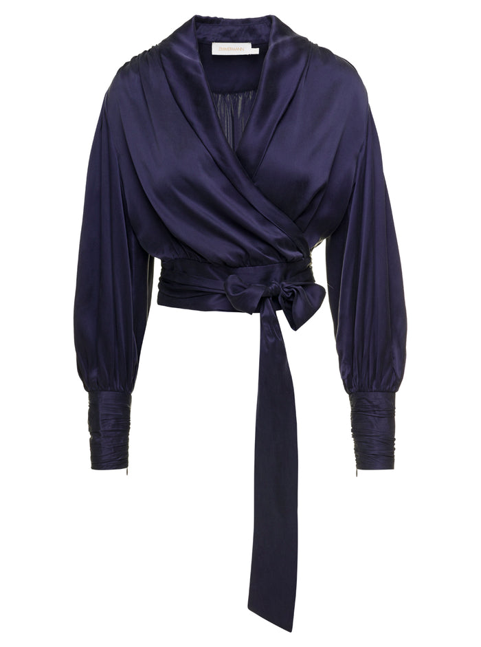 Blue Cropped Wrap Blouse Silk Woman Zimmermann Blu Shirts And Blouses