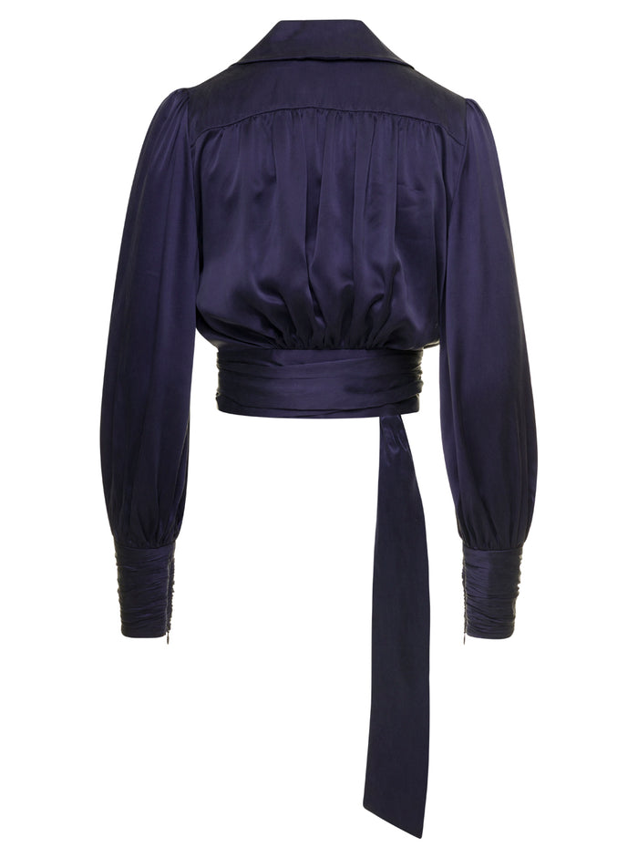 Blue Cropped Wrap Blouse Silk Woman Zimmermann Blu Shirts And Blouses