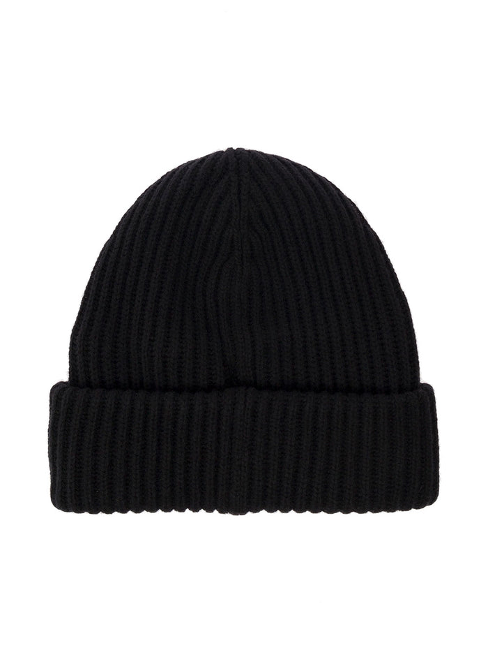 Black Beenie With Logo Patch On The Front Wool Blend Woman Hats And Gloves