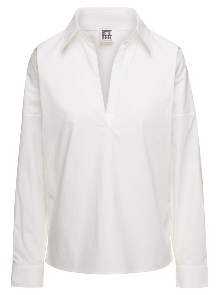 White V Neck Shirt Cotton Poplin Woman Toteme Organic And Blouses