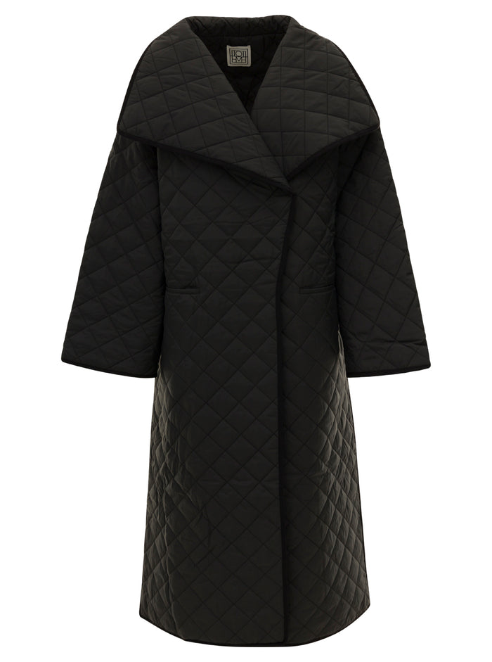 Black Oversize Quilted Coat With Shawl Collar Woman Toteme Recycled Polyester Down Jackets