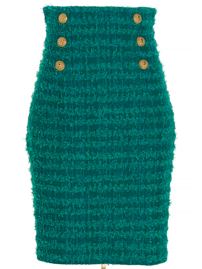 Logo Button Tweed Skirt Blue
