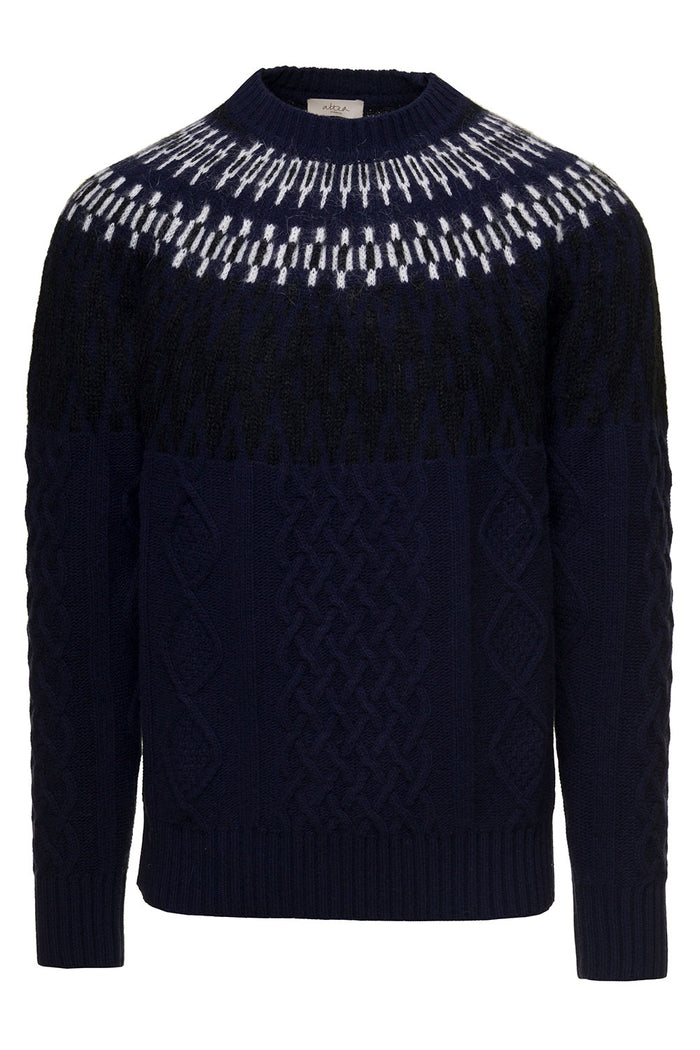 Blue Crewneck Sweater With Nowegian Jacquard Pattern Wool And Cashmere Man Altea Blu Virgin Wool-cashmere-wm Jersey