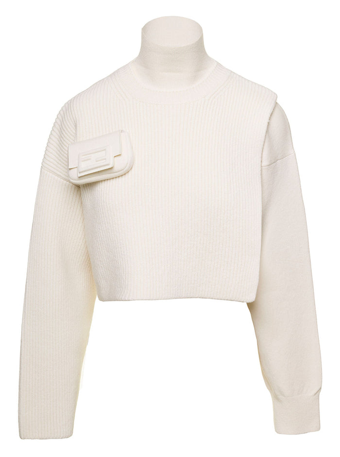 White Turtleneck Cropped Double-Sided Knit Sweater Wool And Cashmere Woman Fendi Jersey