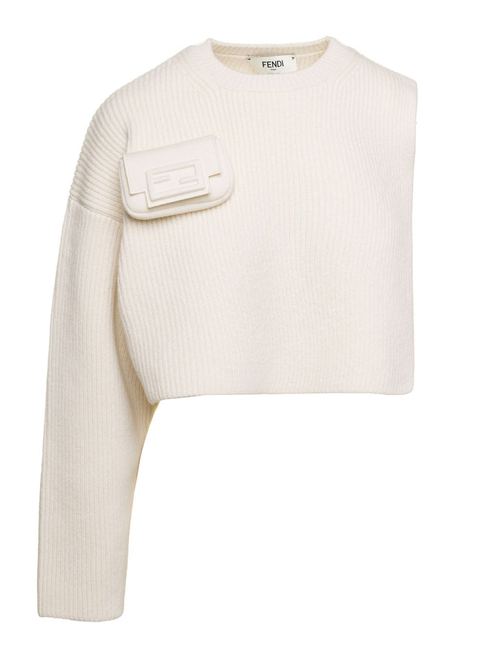 White Turtleneck Cropped Double-Sided Knit Sweater Wool And Cashmere Woman Fendi Jersey